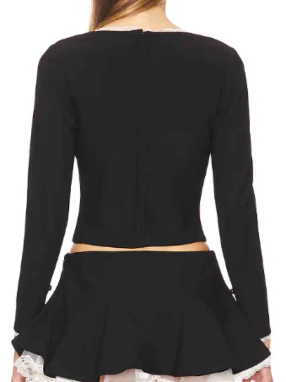 REVOLVE Black Cropped Long-Sleeve Top with White Lace Trim